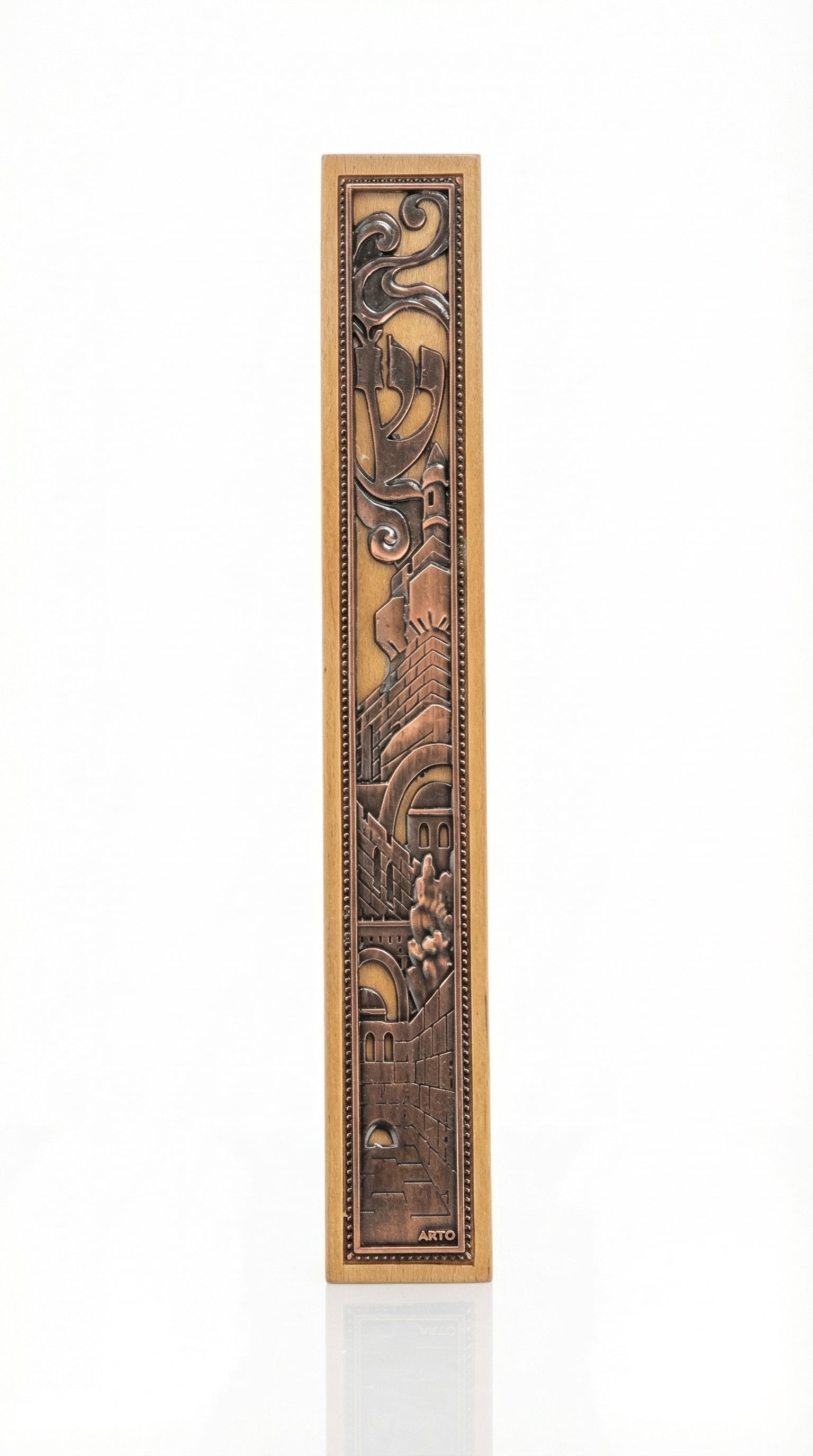 King David's City Extra Large Wood Mezuzah with antiqued copper Jerusalem relief, raised Shin, walls, towers and domed buildings