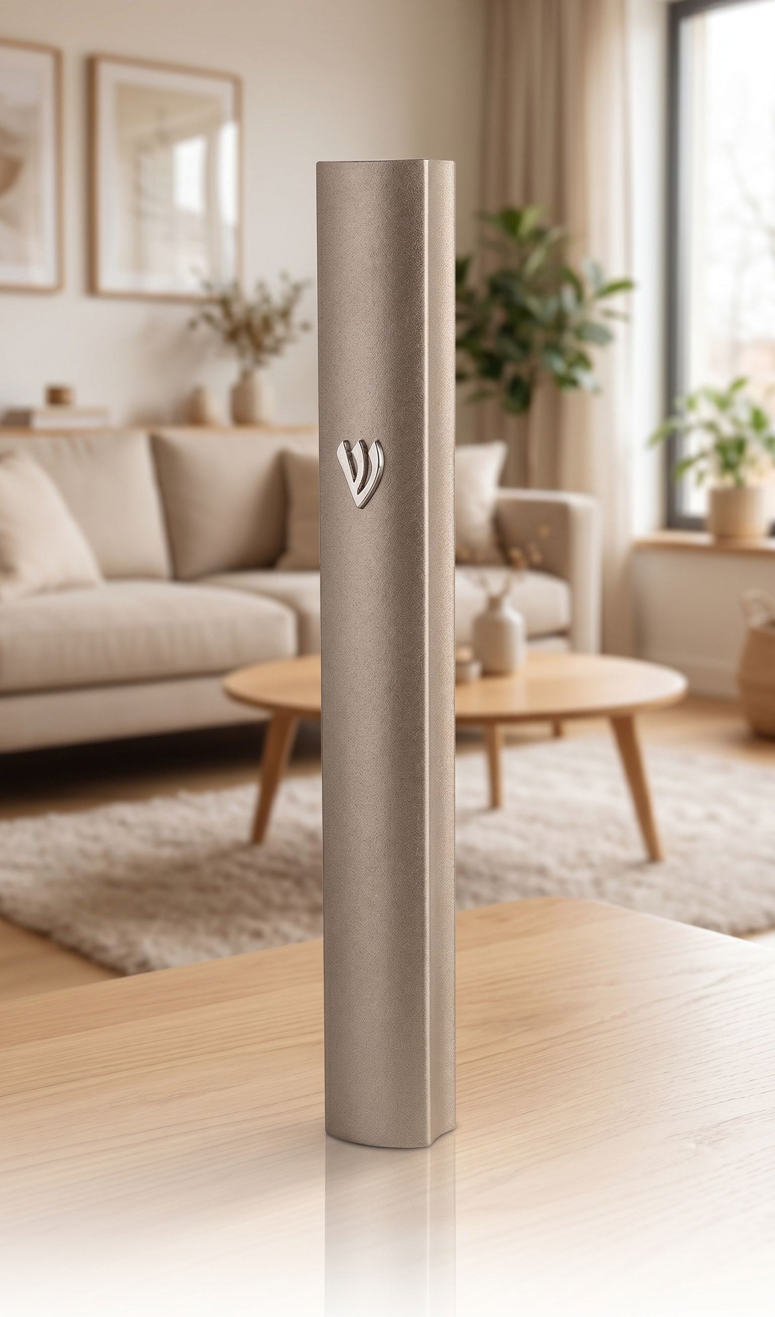 24-inch mezuzah with engraved Hebrew letters and decorative motifs on a white studio background with soft reflection.