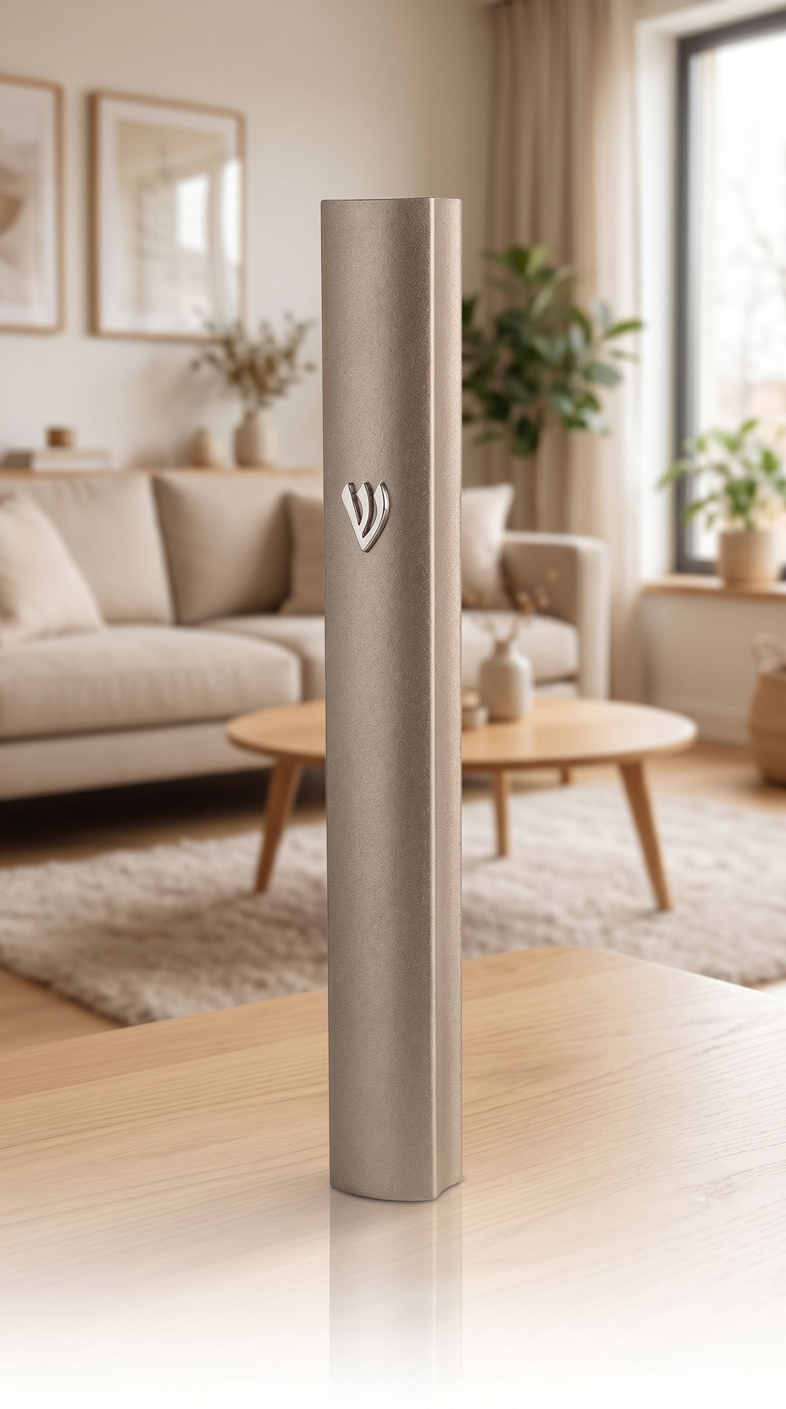24-inch mezuzah with engraved Hebrew letters and decorative motifs on a white studio background with soft reflection.
