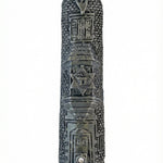 Accurate, detailed image of a 6-inch pewter Mezuzah with Hebrew engravings on a pure white background with soft reflection, showcasing craftsmanship.