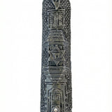 Accurate, detailed image of a 6-inch pewter Mezuzah with Hebrew engravings on a pure white background with soft reflection, showcasing craftsmanship.