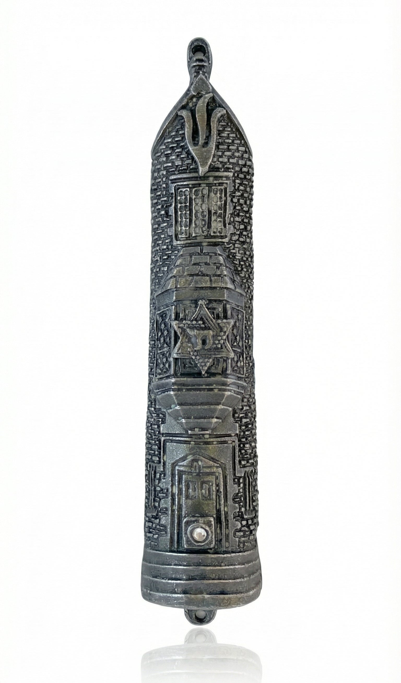 Accurate, detailed image of a 6-inch pewter Mezuzah with Hebrew engravings on a pure white background with soft reflection, showcasing craftsmanship.