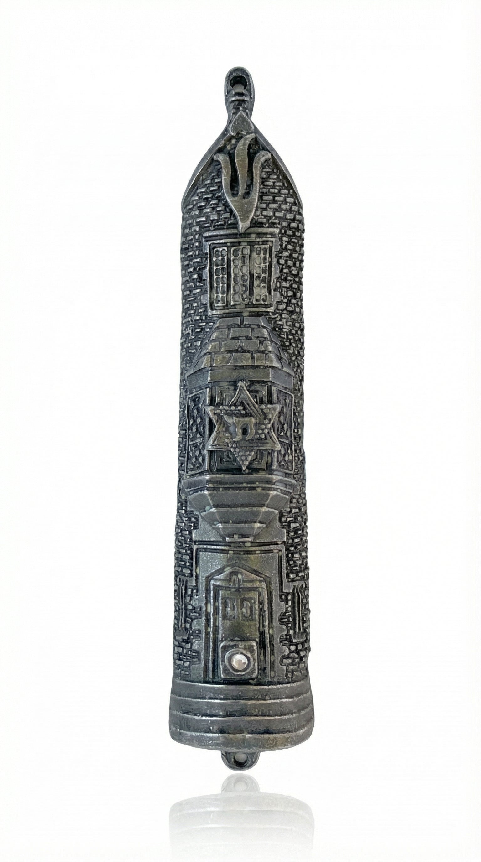 Accurate, detailed image of a 6-inch pewter Mezuzah with Hebrew engravings on a pure white background with soft reflection, showcasing craftsmanship.
