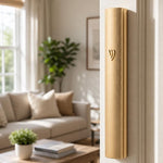 The Modern Waterproof Gold Aluminum Outdoor Mezuzah Cover affixed to a doorpost