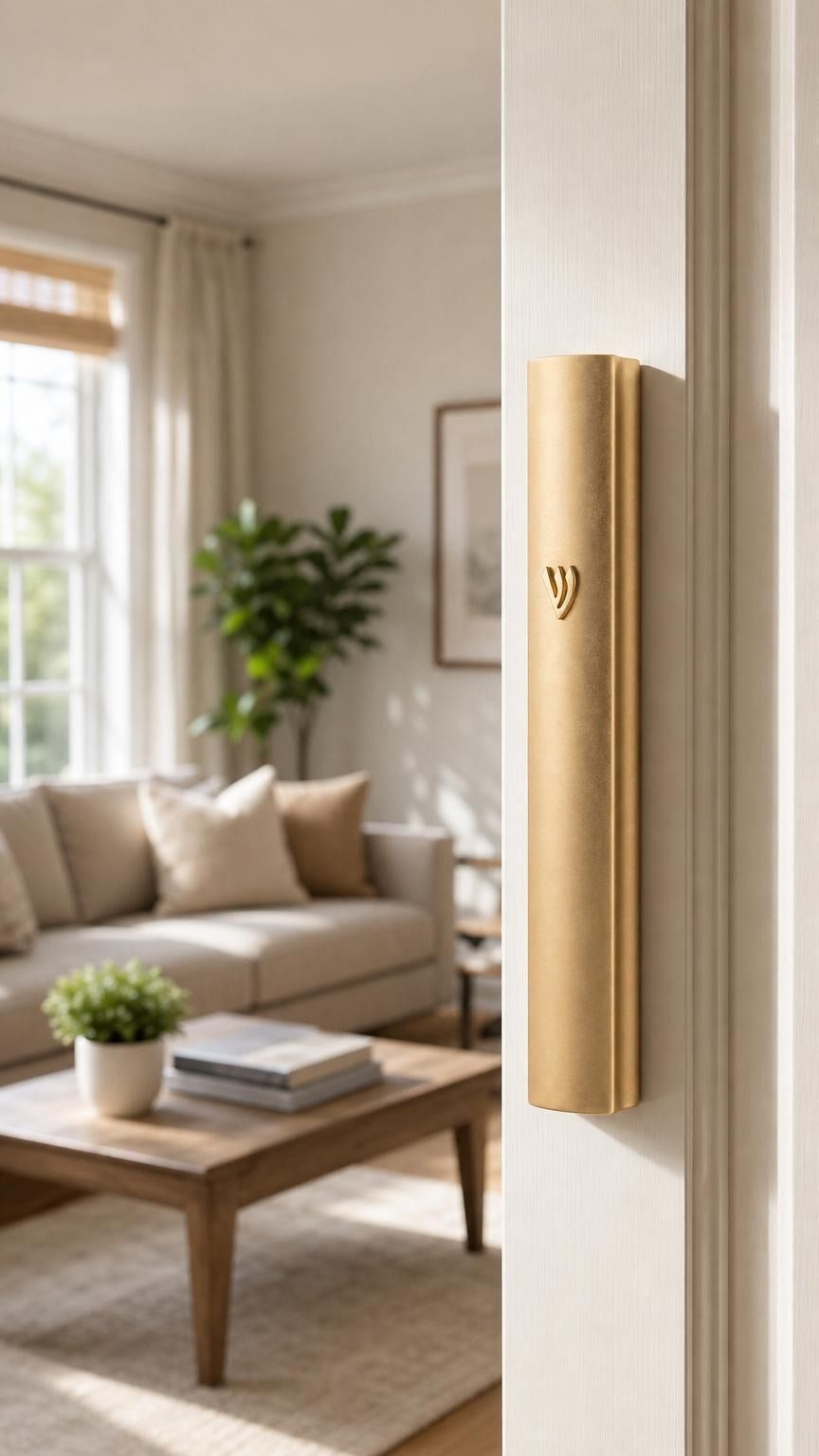 The Modern Waterproof Gold Aluminum Outdoor Mezuzah Cover affixed to a doorpost