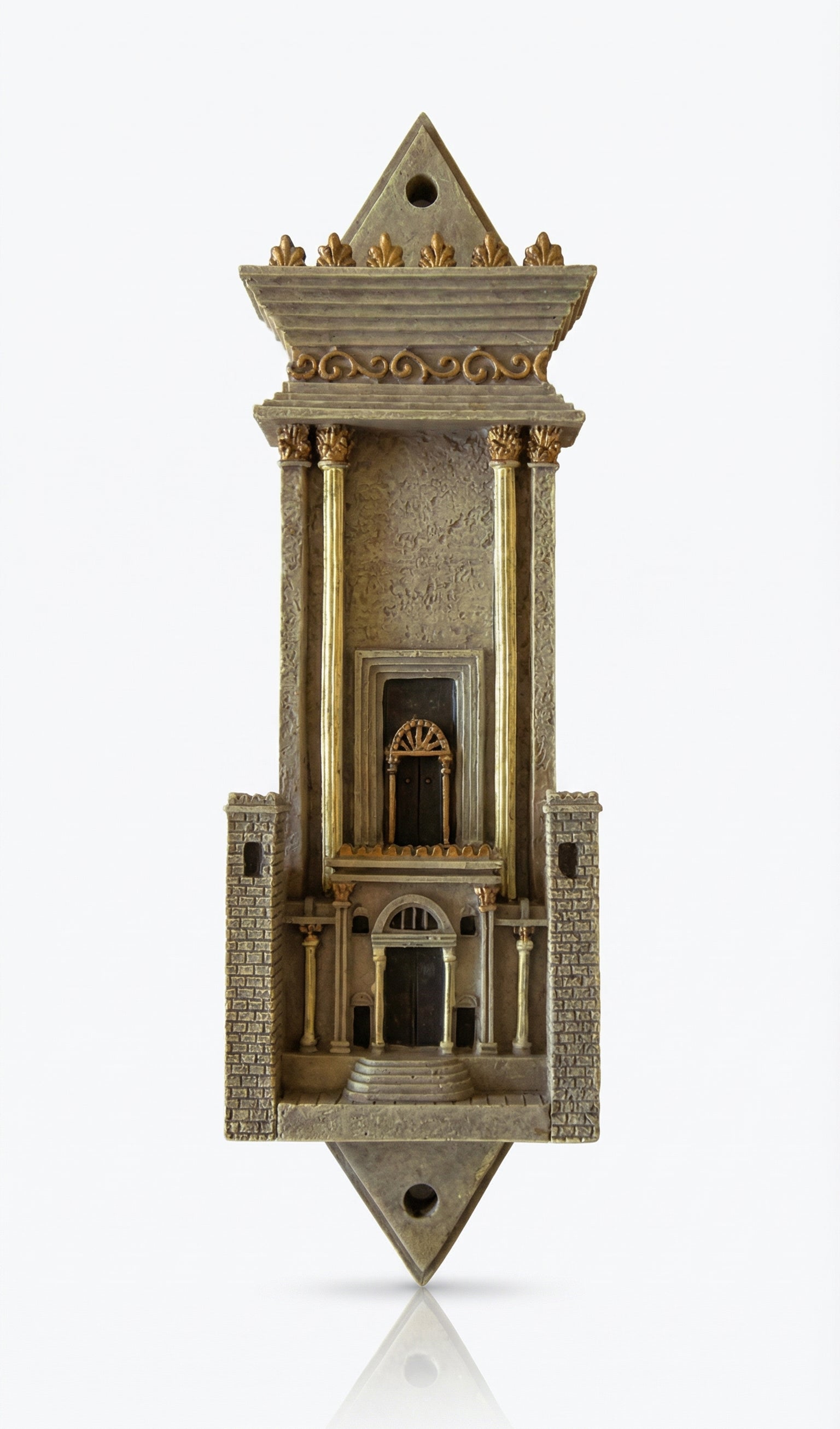 Decorative wall Mezuzah sculpture of a classical architectural design of beit hamikdash on a white background