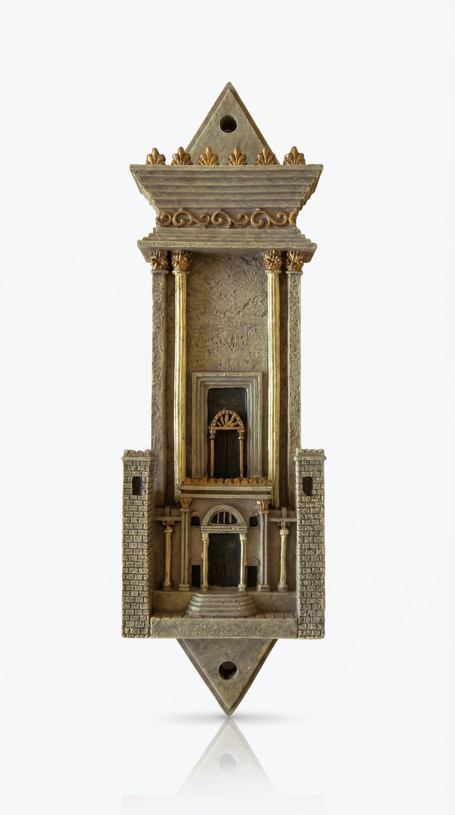 Architectural Beit Hamikdash mezuzah case in brown and brass with hand-painted temple details.