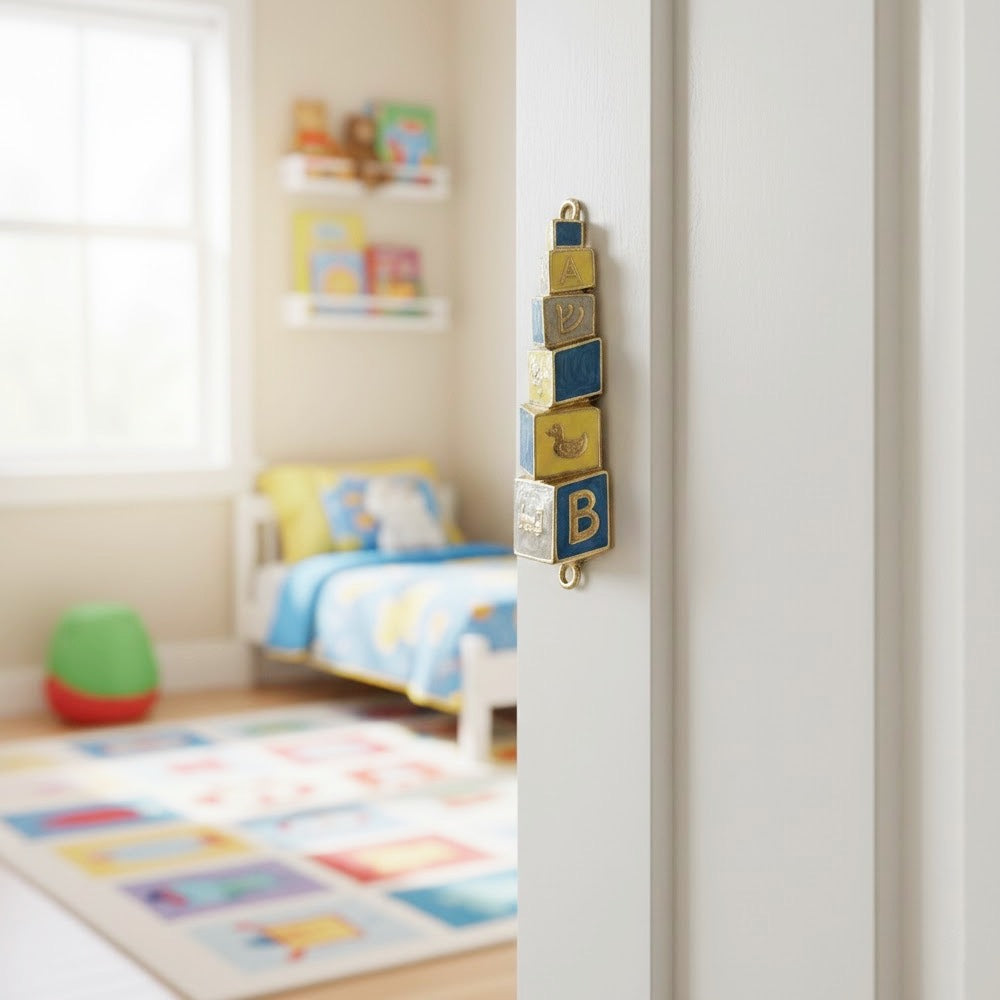 Colorful Blue and Yellow blocks Mezuzah on a door of children's room