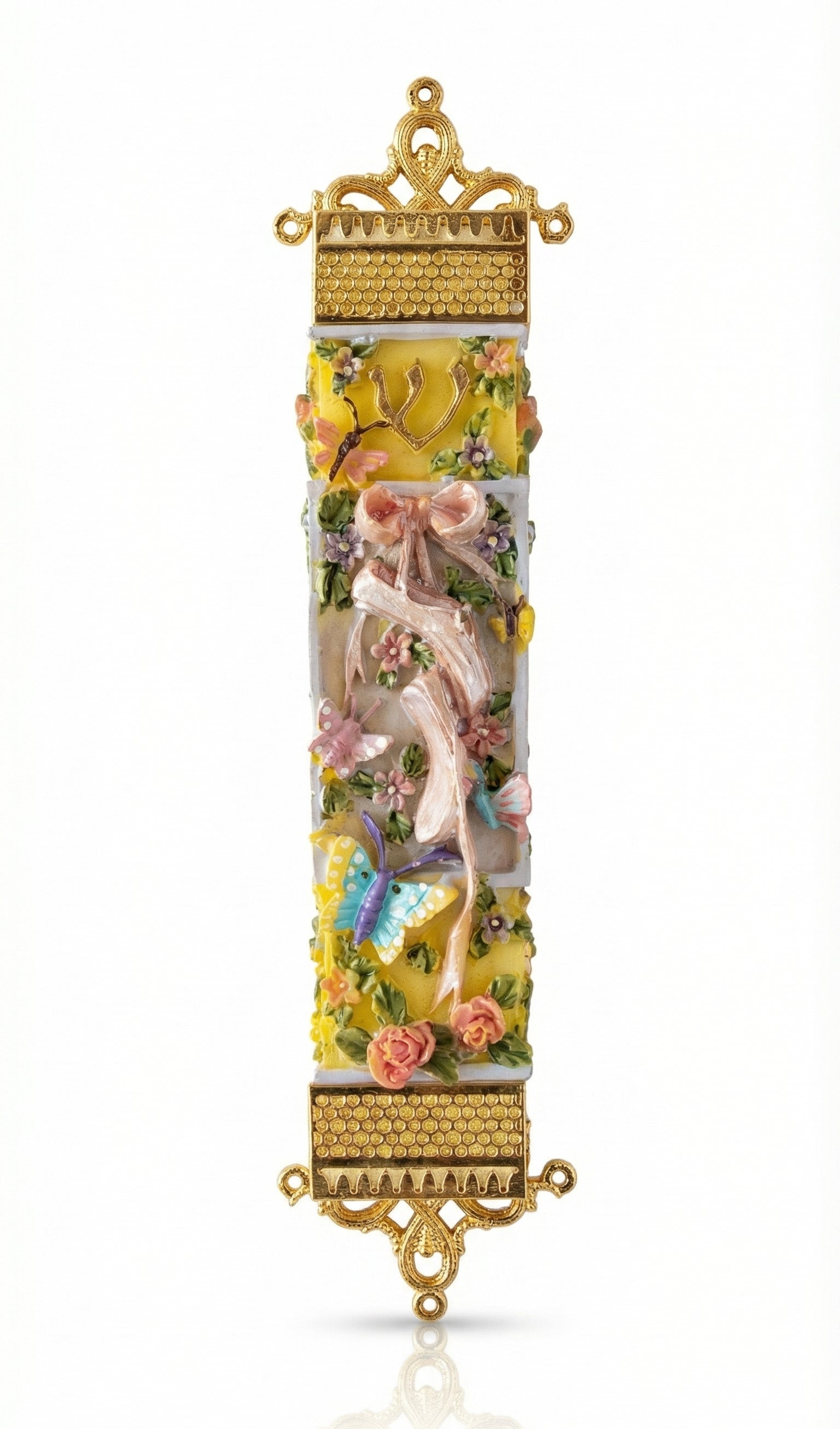 Decorative ballet themed mezuzah case for girls with floral and butterfly design