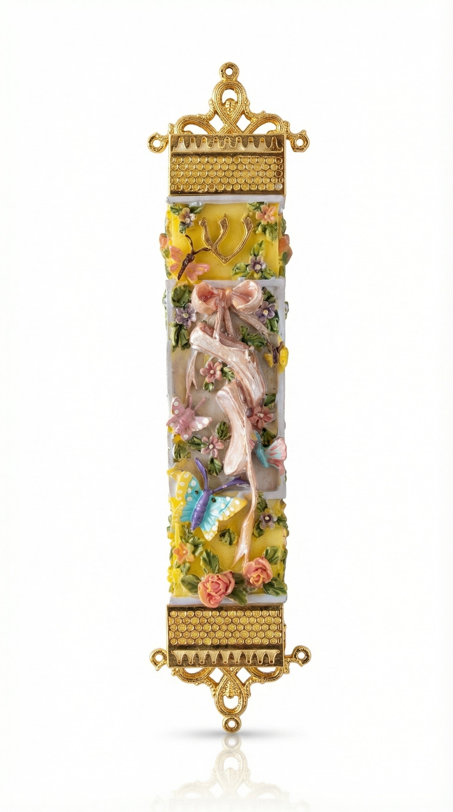Decorative ballet themed mezuzah case for girls with floral and butterfly design