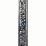 Blue gemstone accents bring modern detail to this pewter mezuzah case, finished with raised city artwork and an antique silver tone