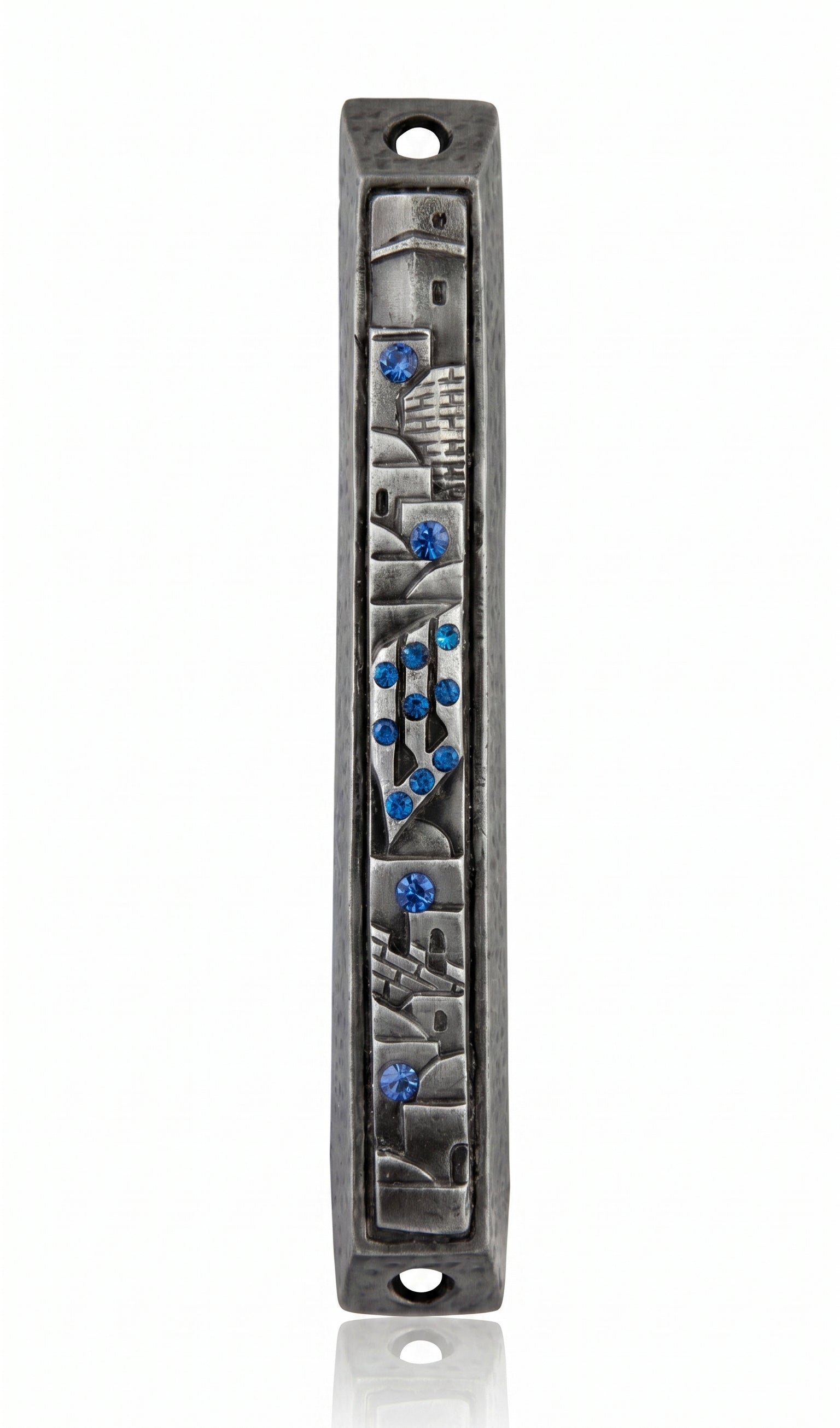 Blue gemstone accents bring modern detail to this pewter mezuzah case, finished with raised city artwork and an antique silver tone