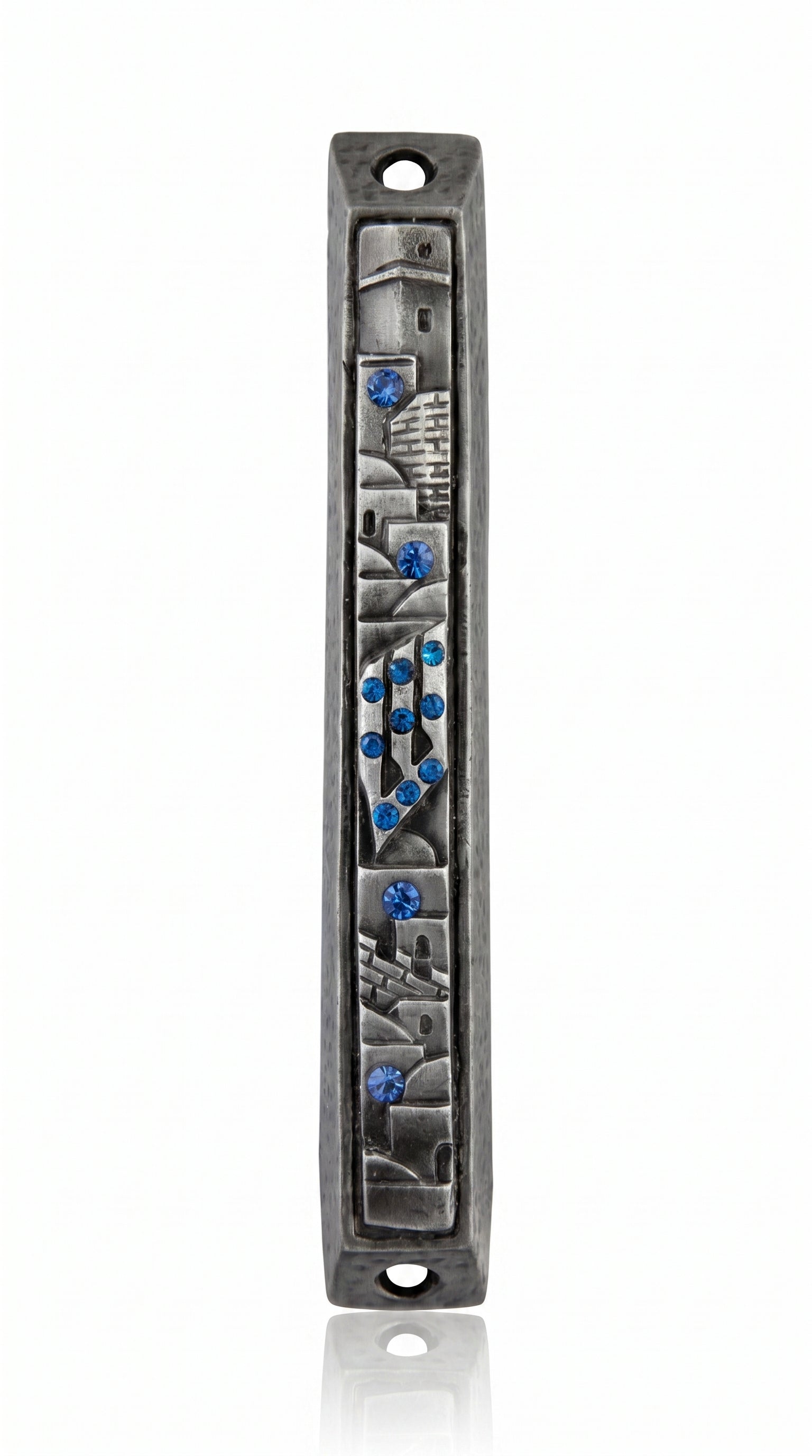 Blue gemstone accents bring modern detail to this pewter mezuzah case, finished with raised city artwork and an antique silver tone