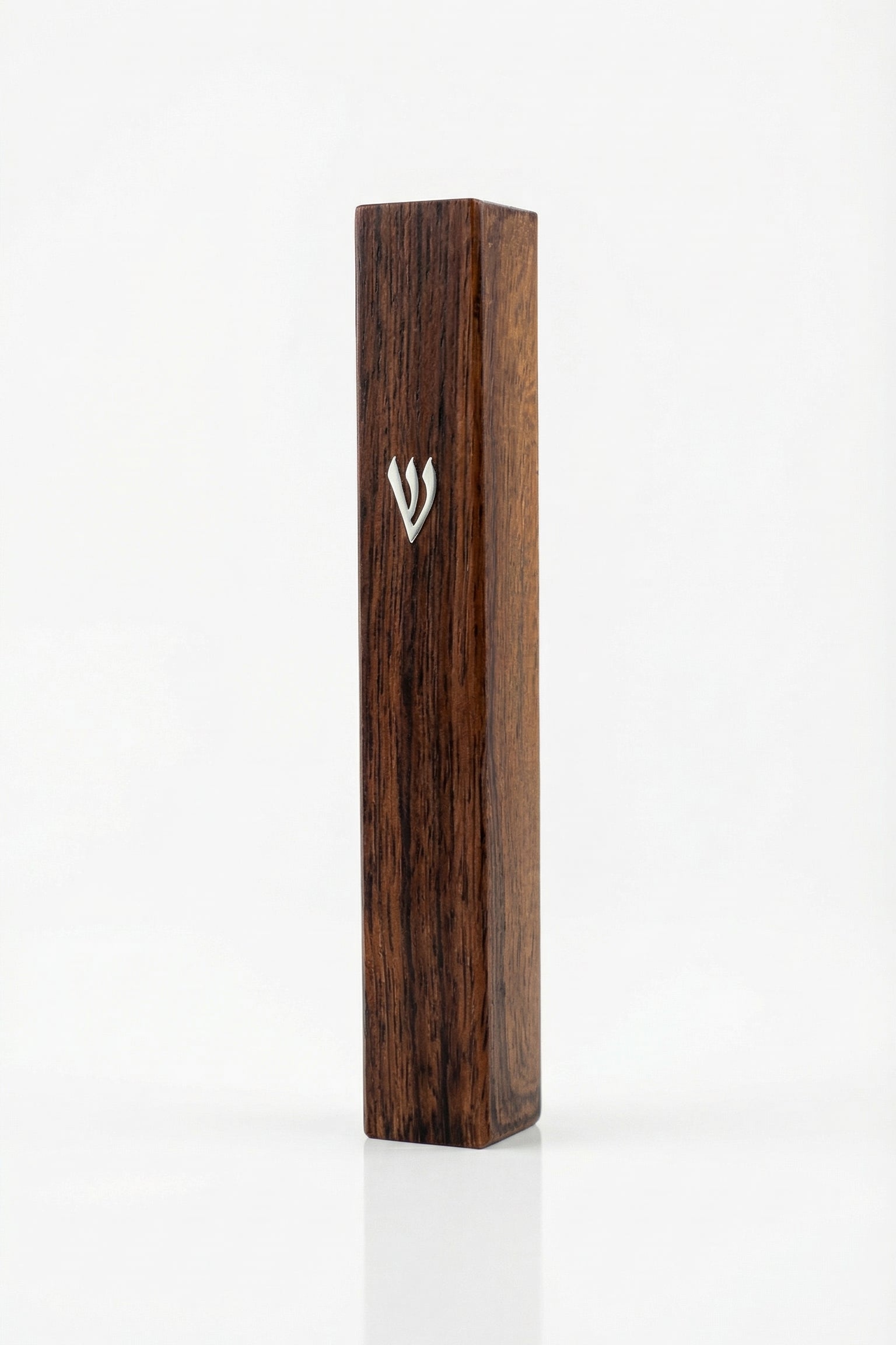 Classic Wood-Inspired Brown Shin Mezuzah, a made in Israel mezuzah with a warm brown finish, silver Shin detail, and timeless everyday style