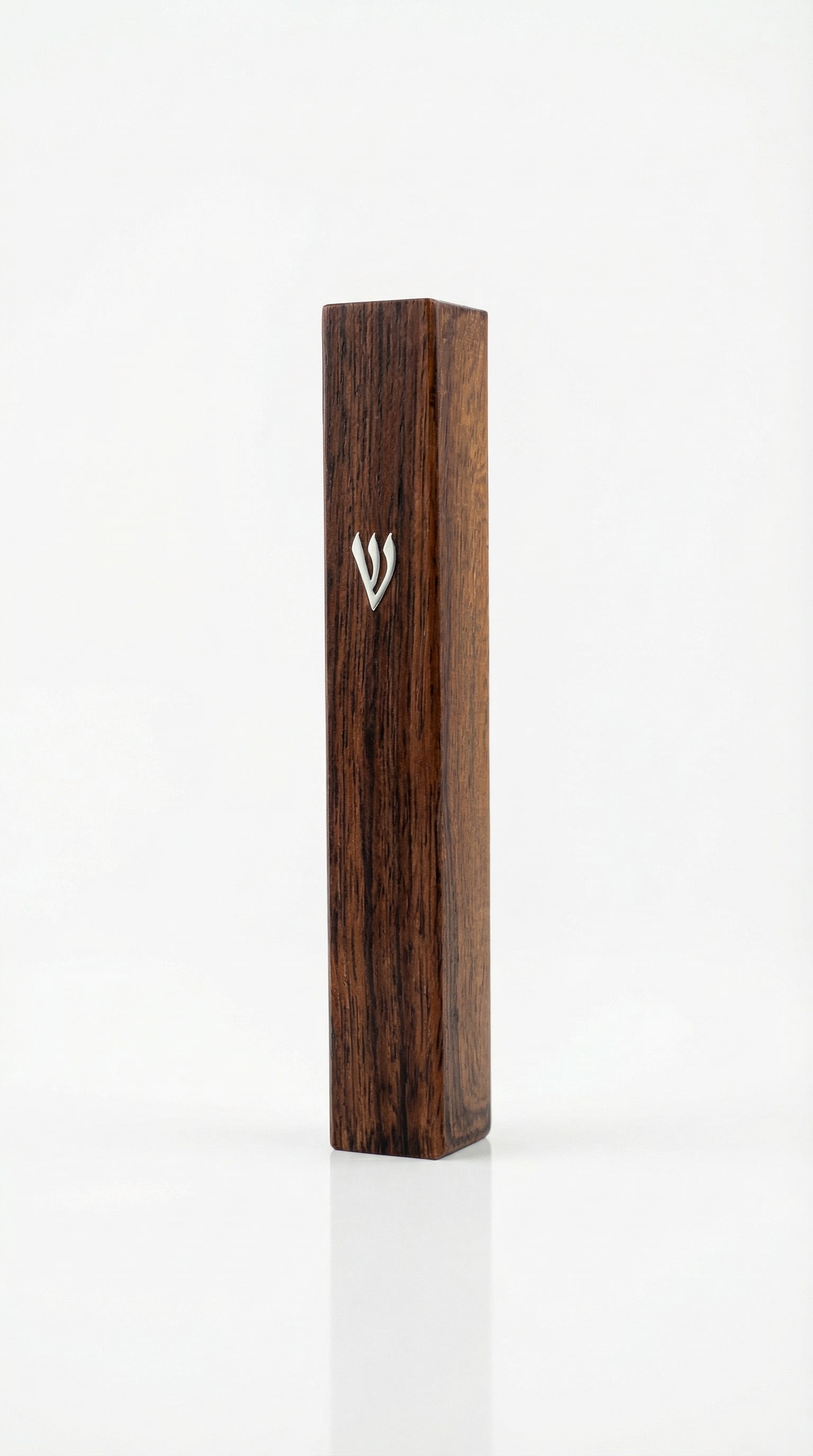 Classic Wood-Inspired Brown Shin Mezuzah, a made in Israel mezuzah with a warm brown finish, silver Shin detail, and timeless everyday style