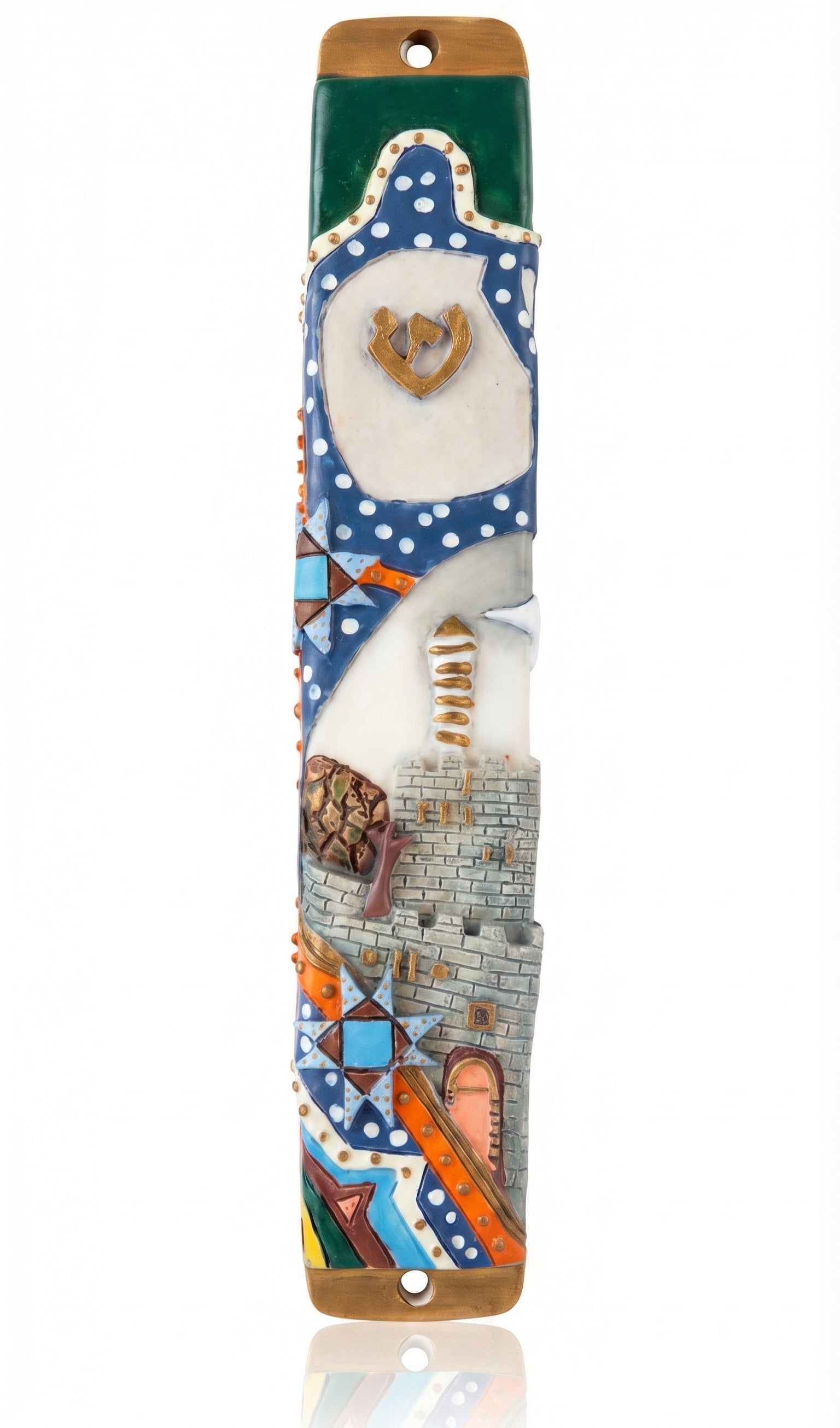 Colorful Kotel Gate mezuzah case with a hand-painted Kotel wall scene, gold Shin, and vivid mosaic-style details. Made in Israel with raised texture.