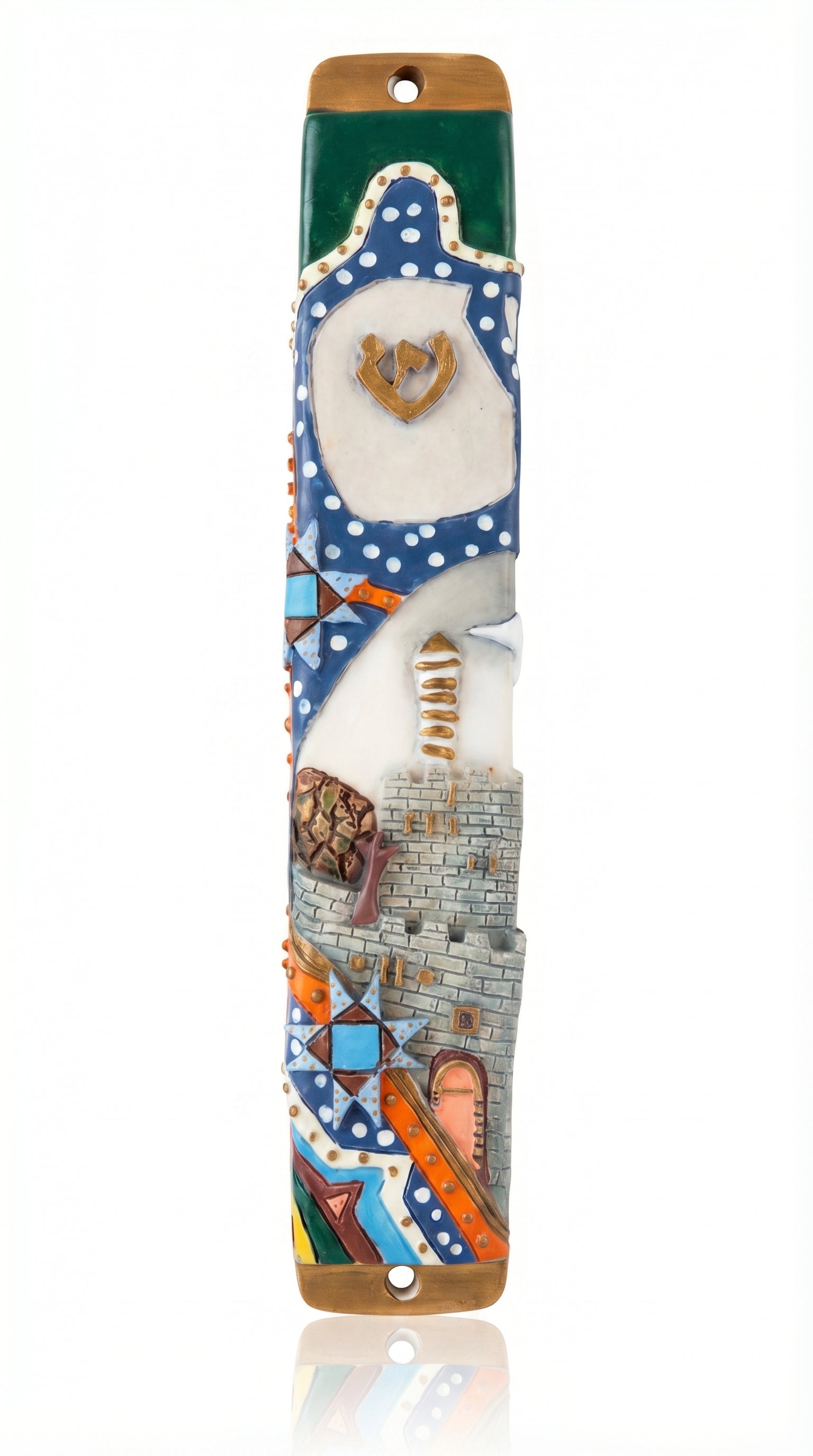 Colorful Kotel Gate mezuzah case with a hand-painted Kotel wall scene, gold Shin, and vivid mosaic-style details. Made in Israel with raised texture.