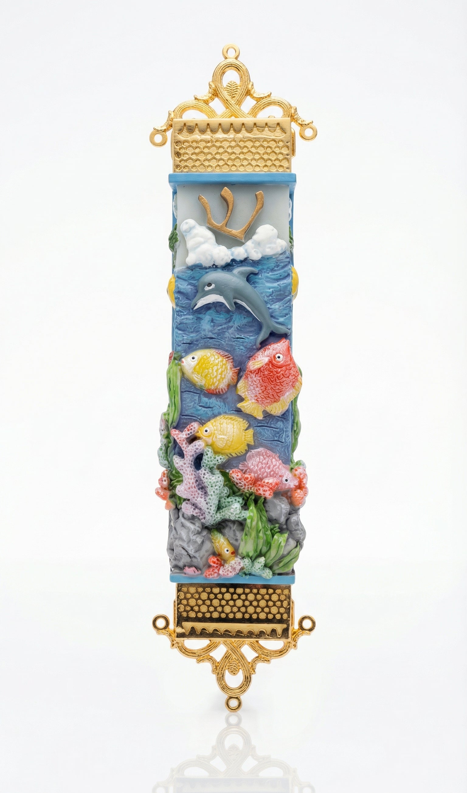 Decorative Coral Reef Sea Life Mezuzah Case for Kids Rooms with ocean-themed elements on a white background
