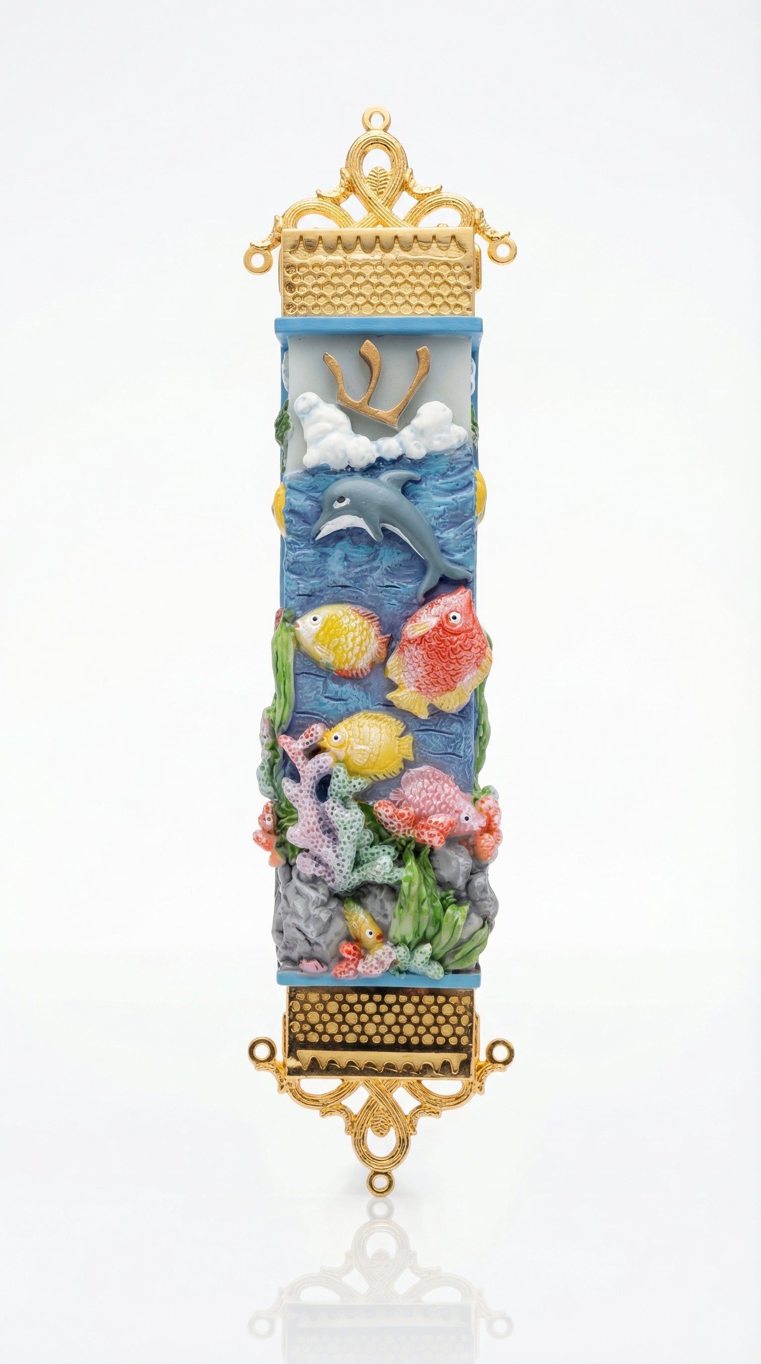 Decorative Coral Reef Sea Life Mezuzah Case for Kids Rooms with ocean-themed elements on a white background