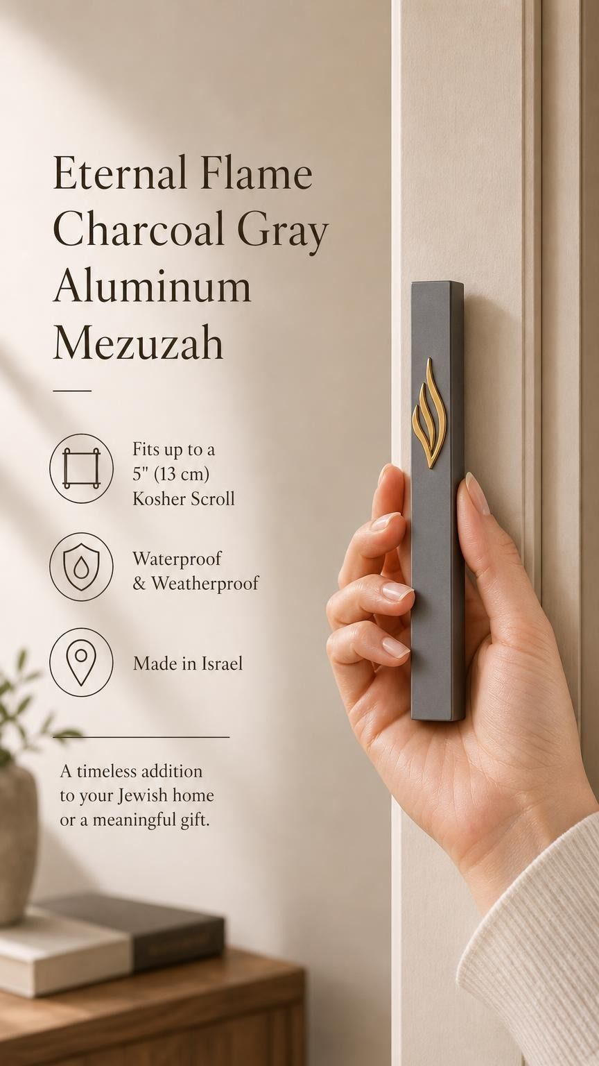 Modern charcoal gray and gold aluminum mezuzah with narrow rectangular architectural profile