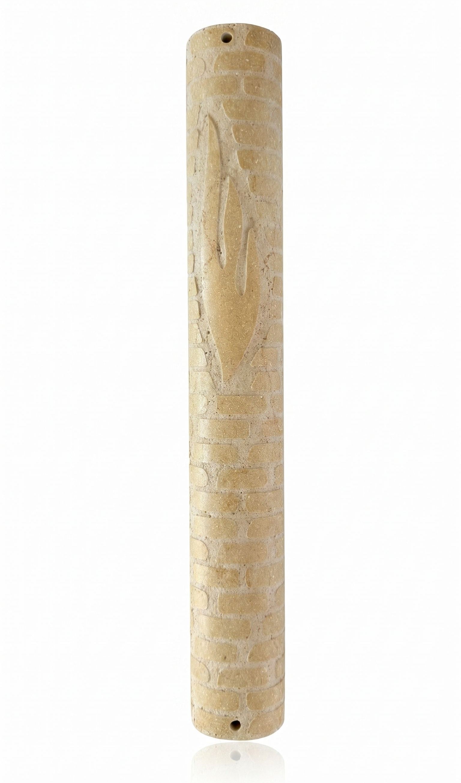 Carved Legacy extra large Jerusalem stone mezuzah case with monumental carved Shin and wall-inspired stone texture