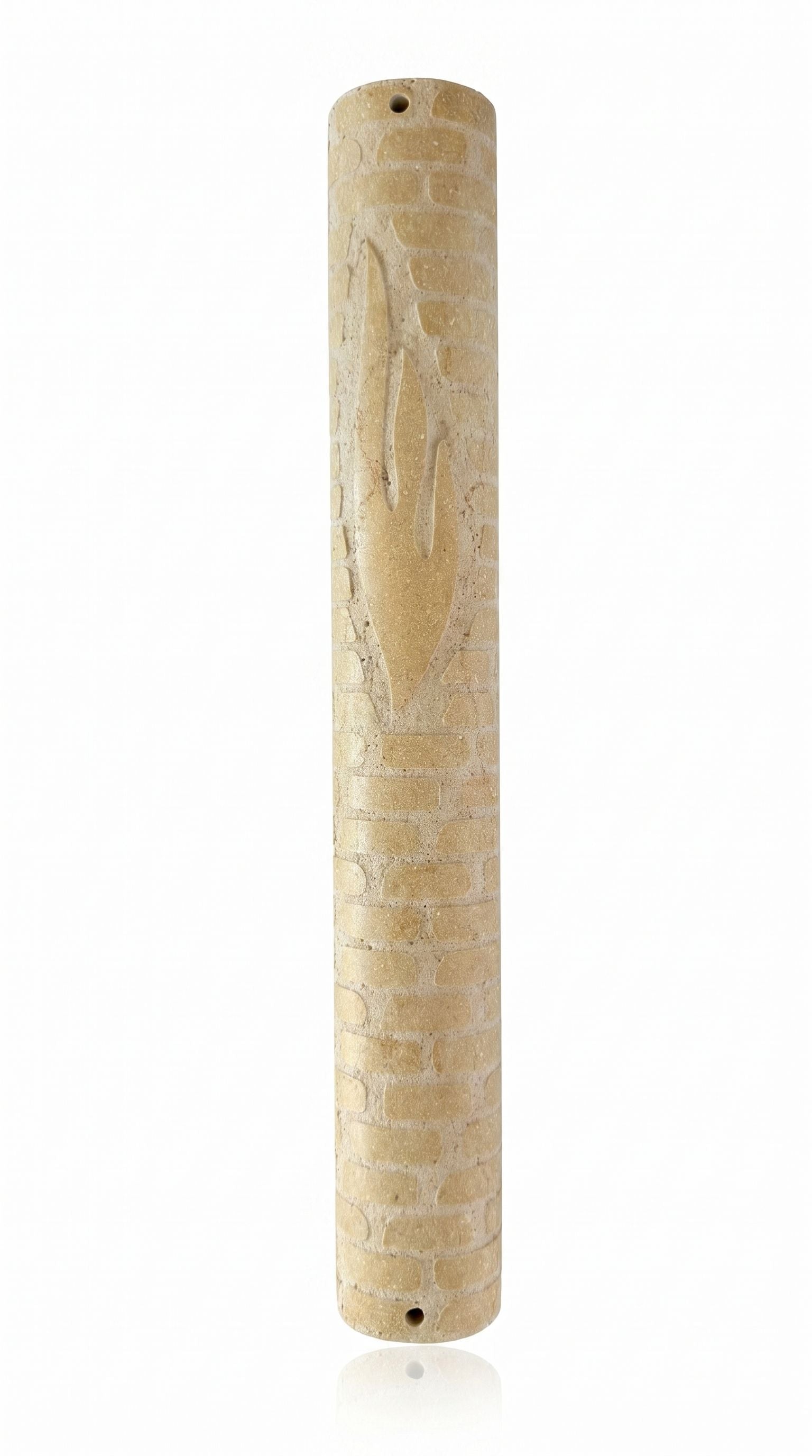 Carved Legacy extra large Jerusalem stone mezuzah case with monumental carved Shin and wall-inspired stone texture