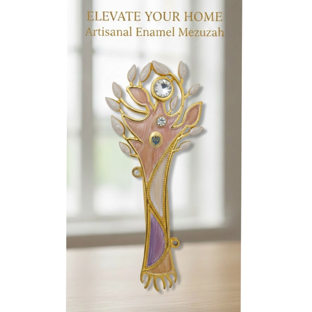 Pastel Tree of Life mezuzah case made of gold-toned pewter with hand-painted enamel and crystals.