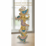 Hand-painted enamel and pewter mezuzah featuring a gold tree design with colorful birds.