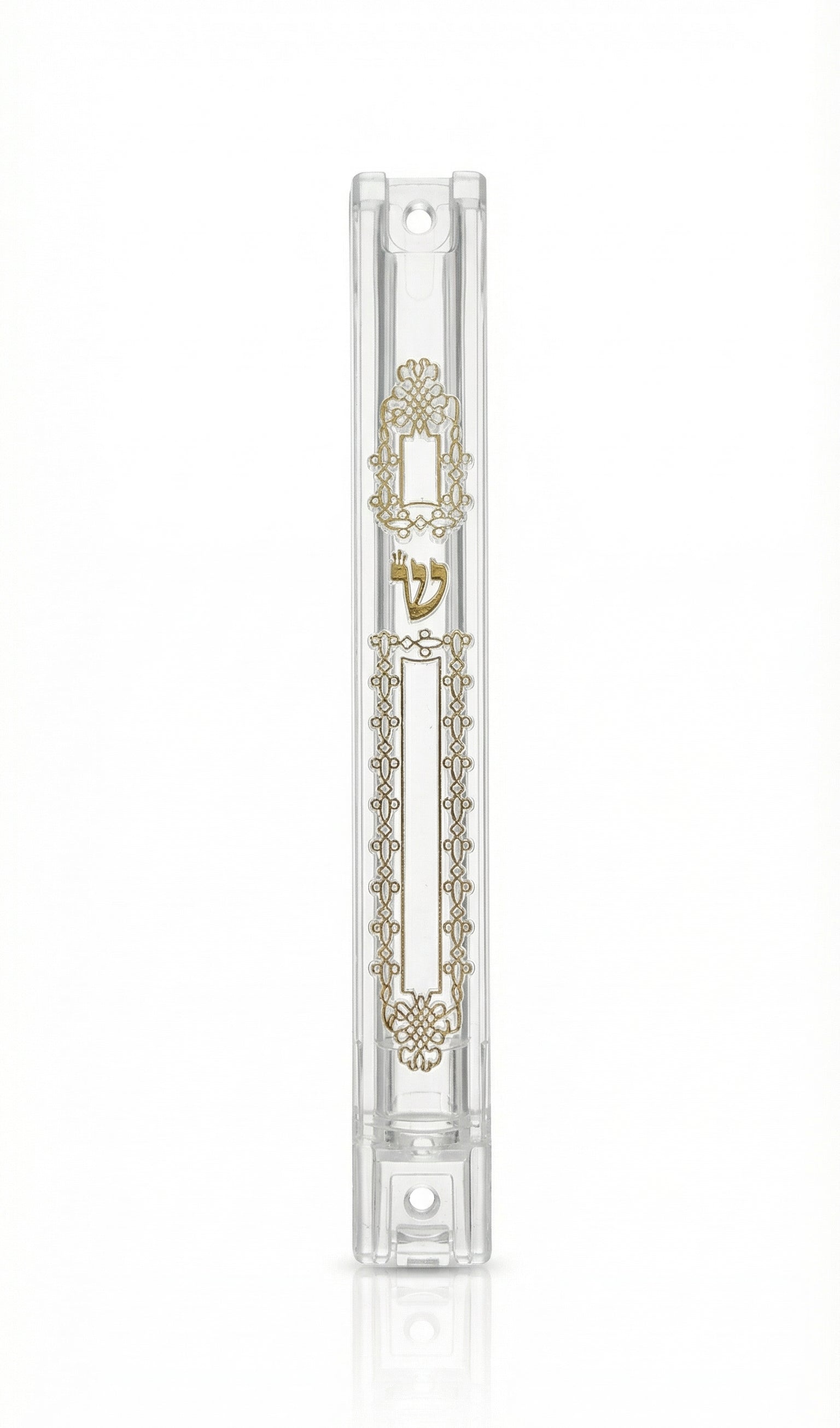 timeless and modern Mezuzah case with gold embellishments on a white background
