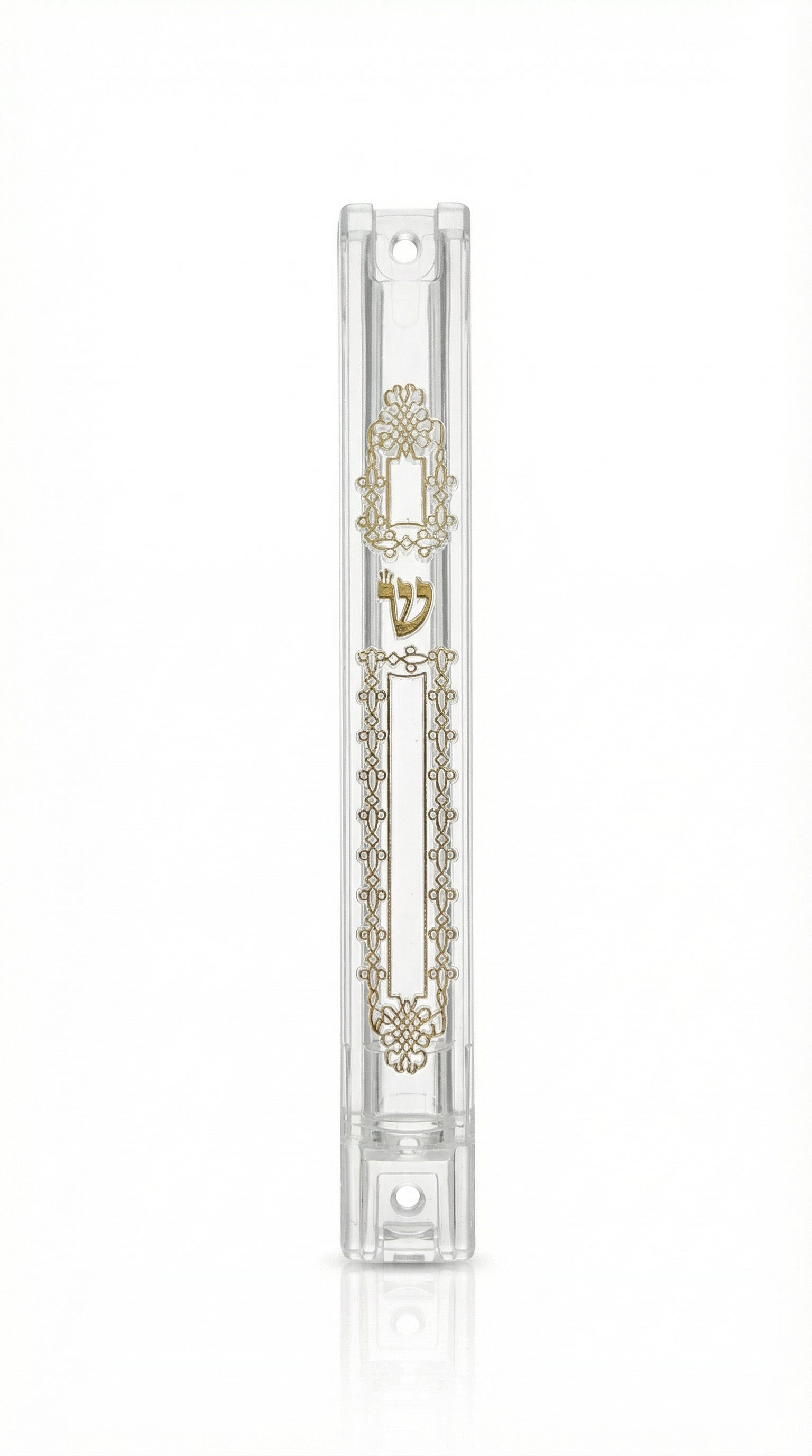 timeless and modern Mezuzah case with gold embellishments on a white background