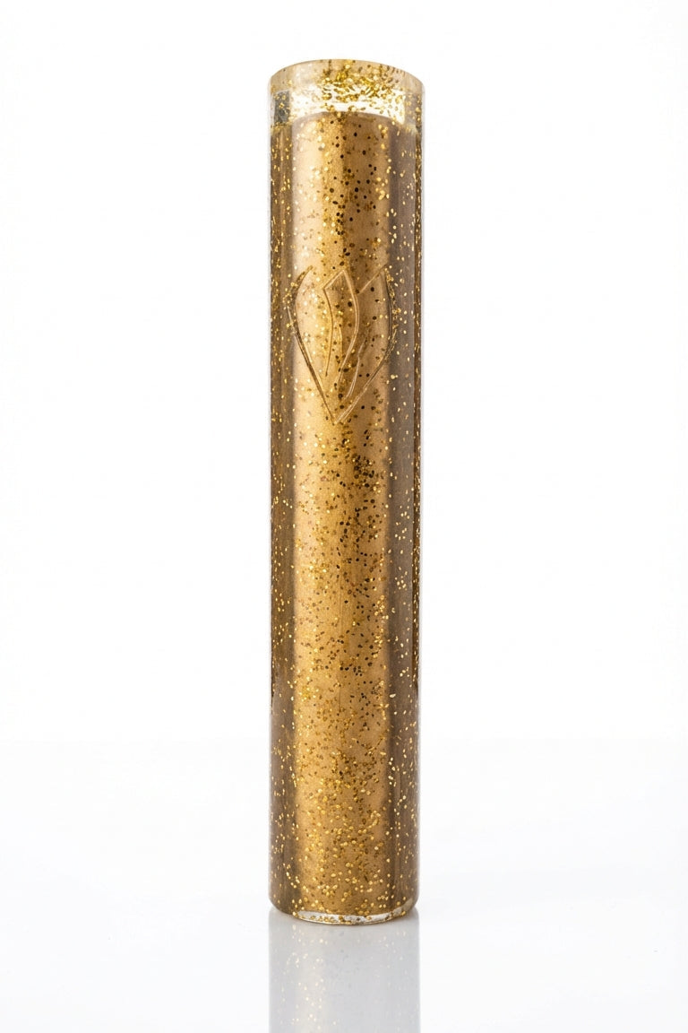 Gold glittery cylindrical object on a white background