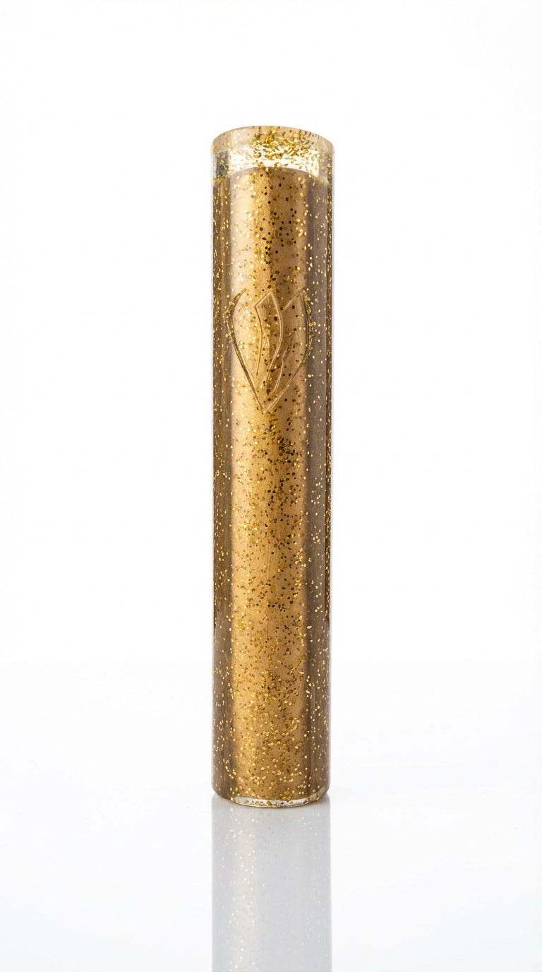 Cylindrical gold shimmer acrylic mezuzah case with a Hebrew Shin letter engraved on the front.