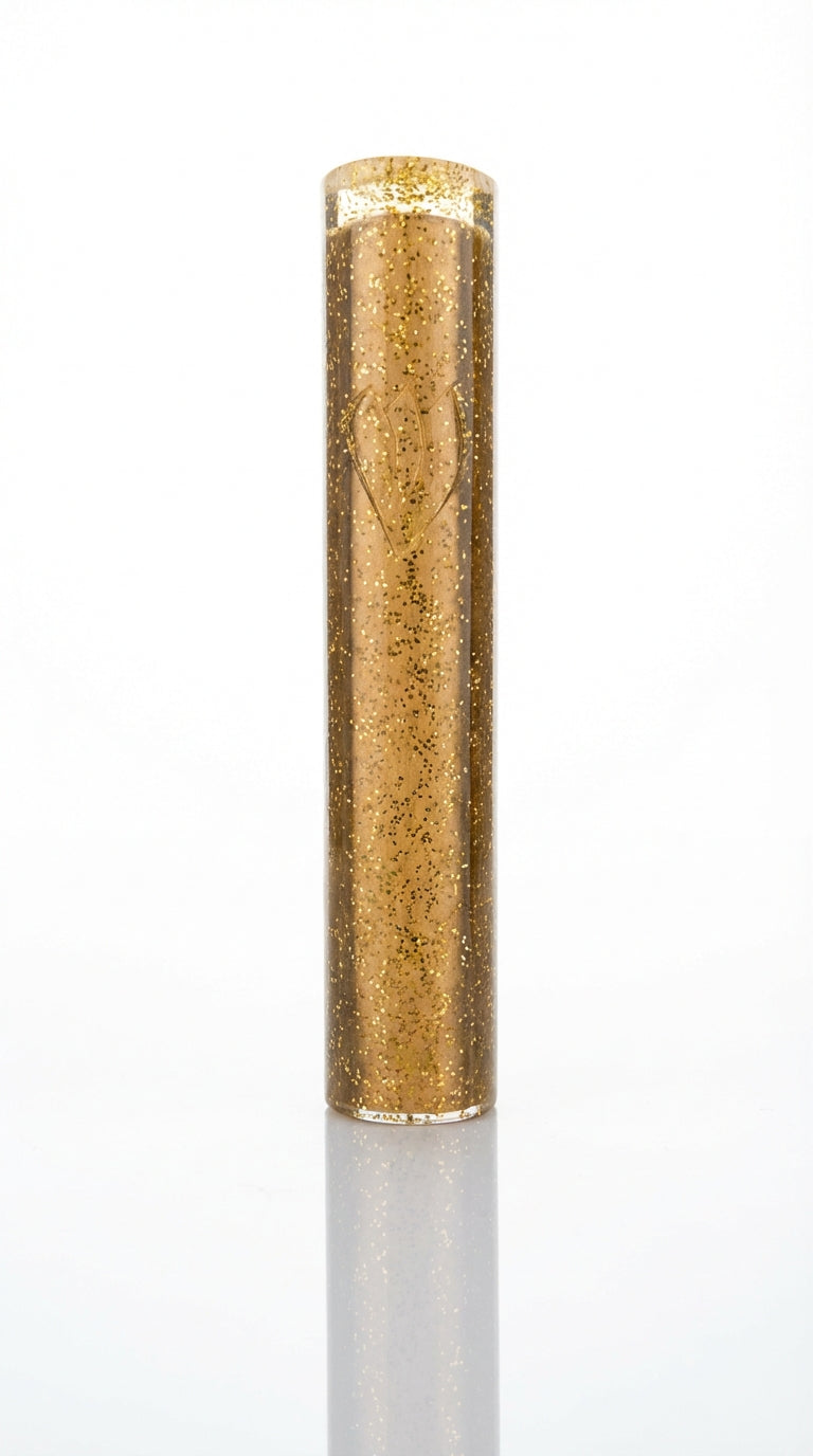 Gold cylindrical mezuzah case on a white background