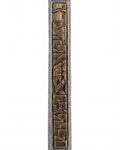 Golden Cityline mezuzah case in pewter and brass with raised city detail, warm crystal accents, and an antique finish