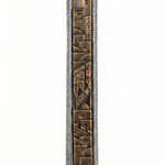 Golden Cityline mezuzah case in pewter and brass with raised city detail, warm crystal accents, and an antique finish