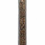 Golden Cityline mezuzah case in pewter and brass with raised city detail, warm crystal accents, and an antique finish