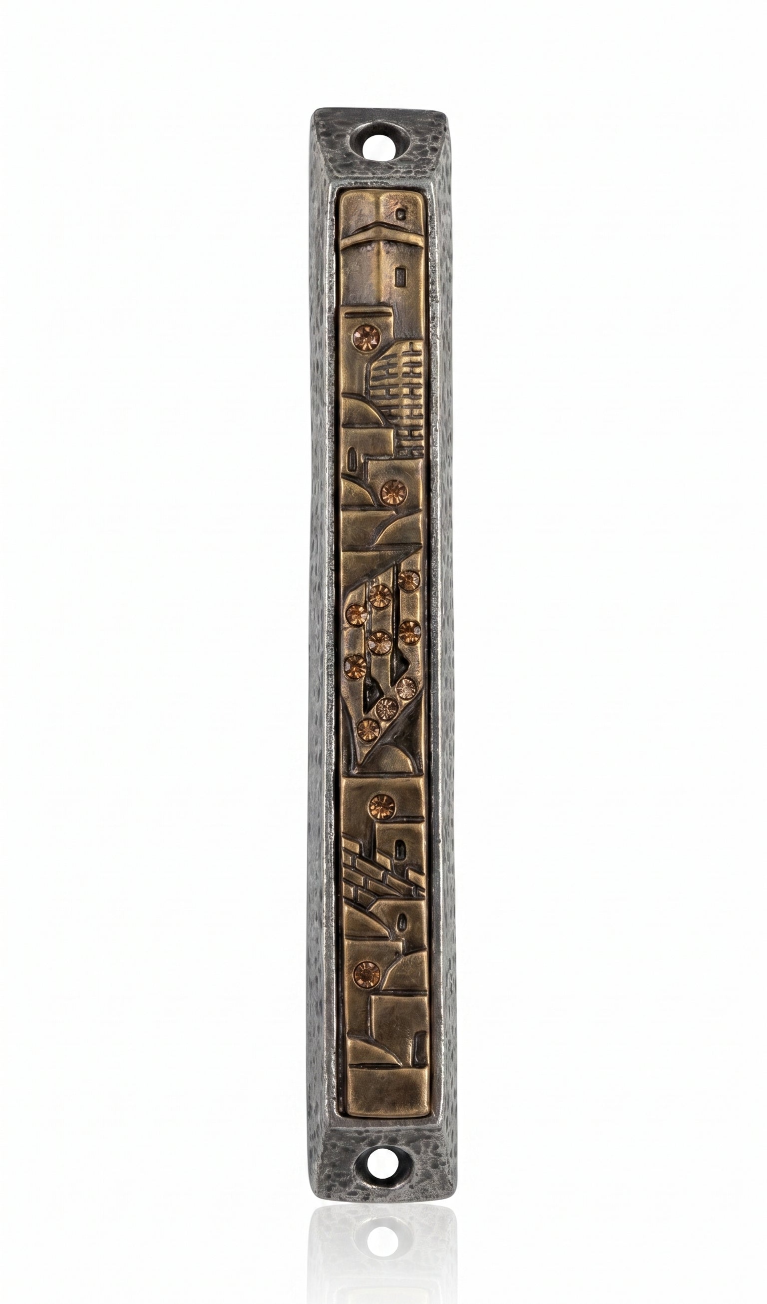 Golden Cityline mezuzah case in pewter and brass with raised city detail, warm crystal accents, and an antique finish