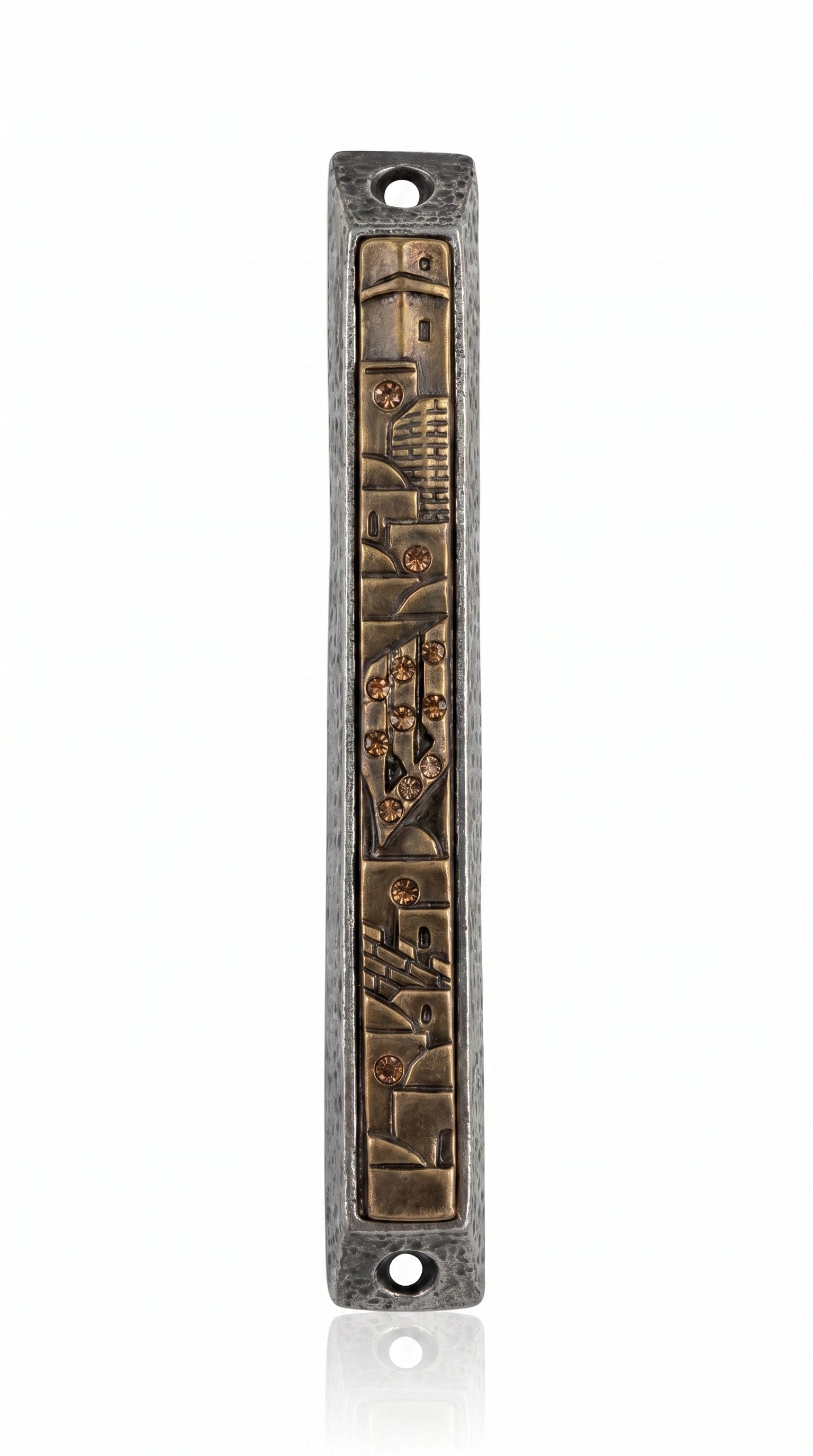 Golden Cityline mezuzah case in pewter and brass with raised city detail, warm crystal accents, and an antique finish