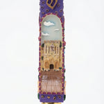 Golden Gate Violet mezuzah case with a rich purple and gold palette and a Jerusalem inspired scene. made in israel