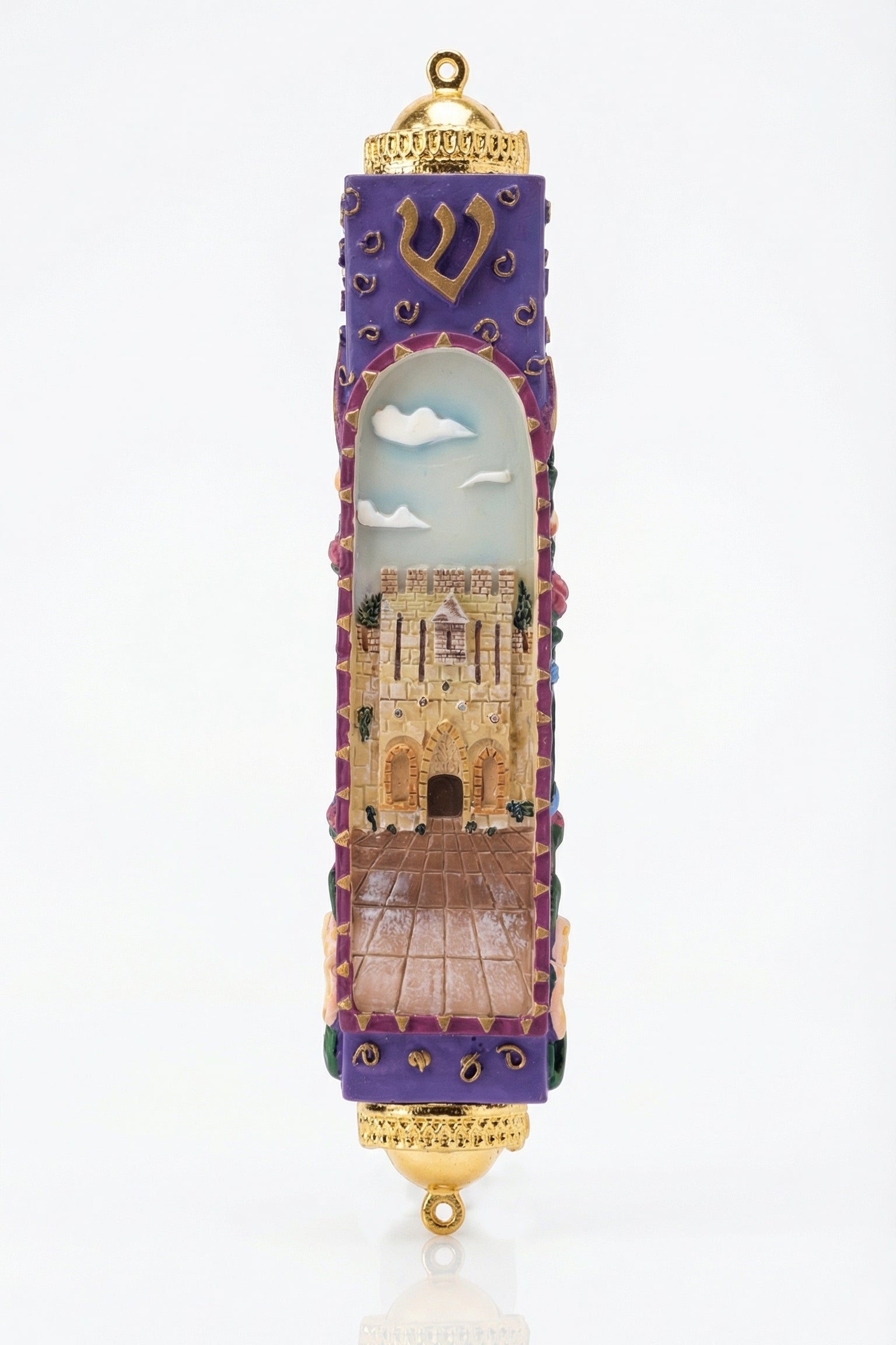Golden Gate Violet mezuzah case with a rich purple and gold palette and a Jerusalem inspired scene. made in israel