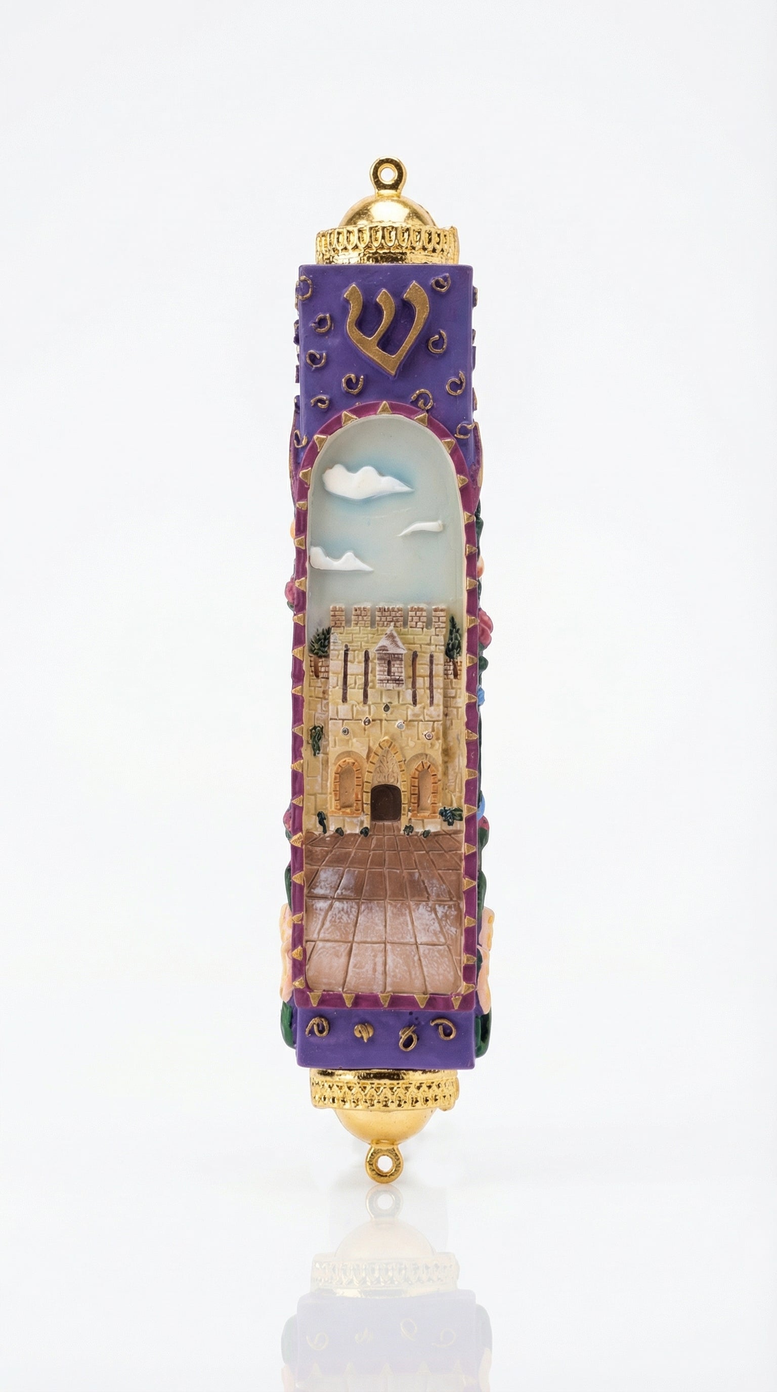 Golden Gate Violet mezuzah case with a rich purple and gold palette and a Jerusalem inspired scene. made in israel