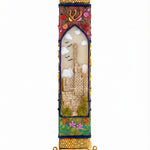 Golden Jerusalem Garden mezuzah case with a hand-painted city scene, floral accents, and ornate gold trim