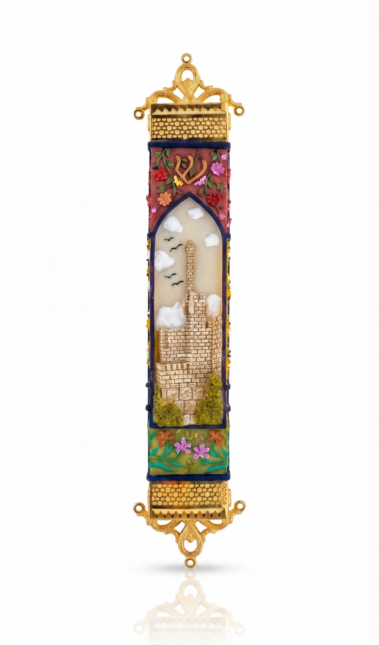 Golden Jerusalem Garden mezuzah case with a hand-painted city scene, floral accents, and ornate gold trim