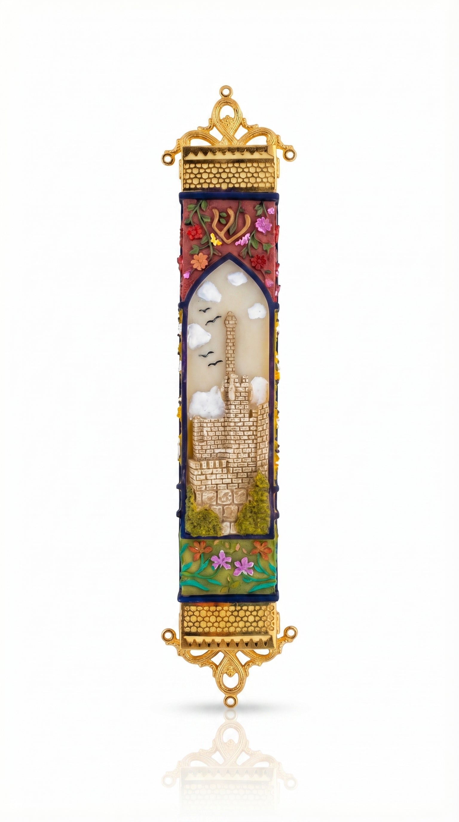Golden Jerusalem Garden mezuzah case with a hand-painted city scene, floral accents, and ornate gold trim