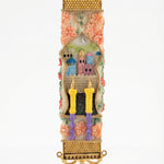 Shabbat Garden Gate mezuzah case with hand-painted candles, floral details, and ornate gold trim