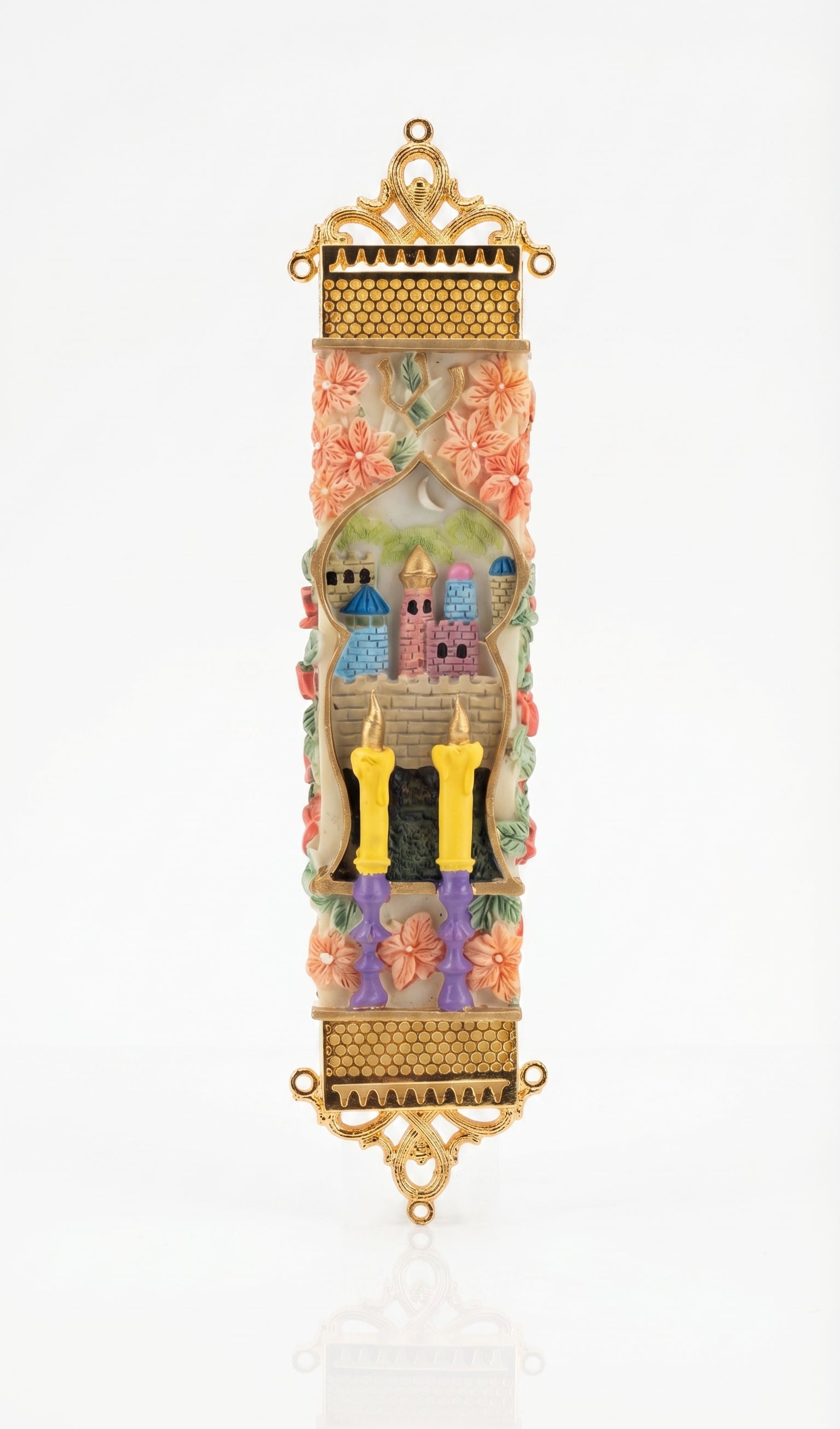 Shabbat Garden Gate mezuzah case with hand-painted candles, floral details, and ornate gold trim