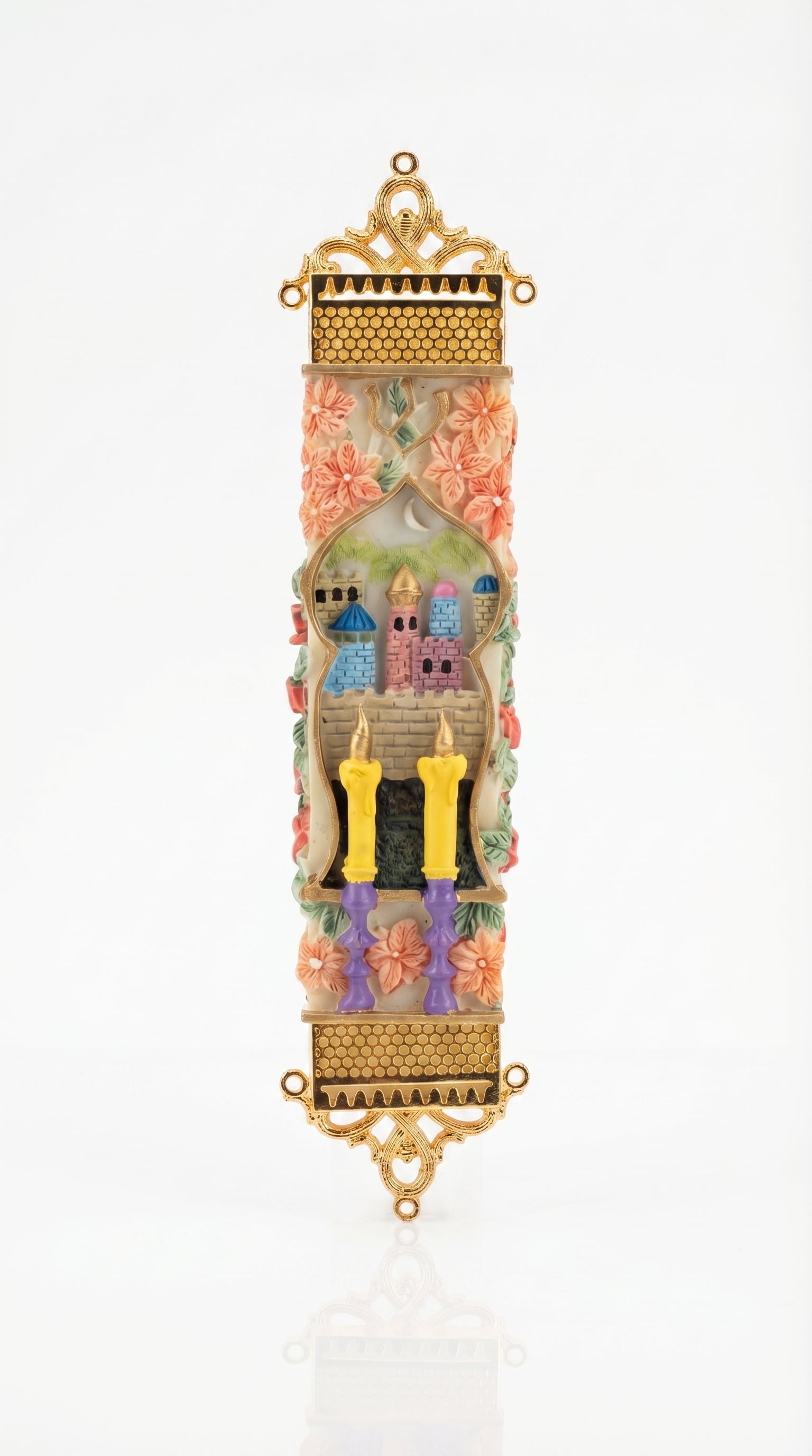 Shabbat Garden Gate mezuzah case with hand-painted candles, floral details, and ornate gold trim