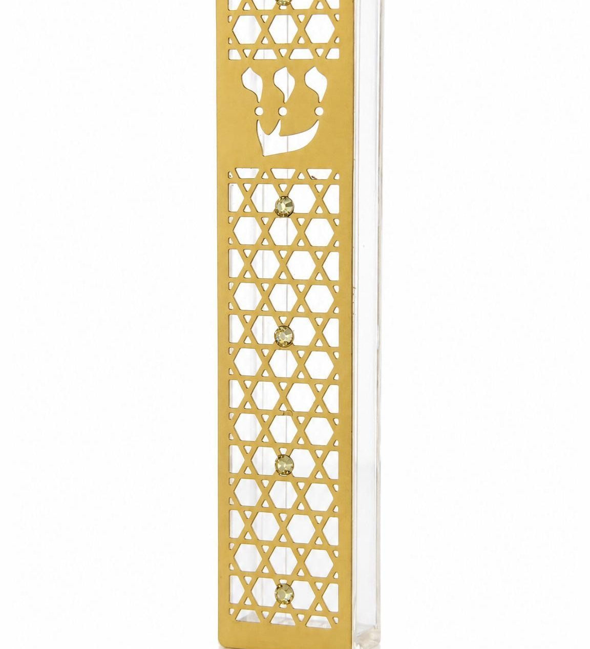 Golden Star of David Acrylic Mezuzah with gold lattice overlay, Hebrew Shin, clear acrylic body and crystal accents