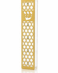 Golden Star of David Acrylic Mezuzah with gold lattice overlay, Hebrew Shin, clear acrylic body and crystal accents