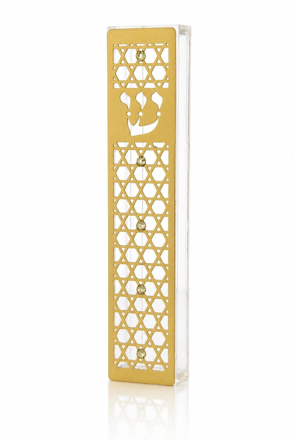 Golden Star of David Acrylic Mezuzah with gold lattice overlay, Hebrew Shin, clear acrylic body and crystal accents